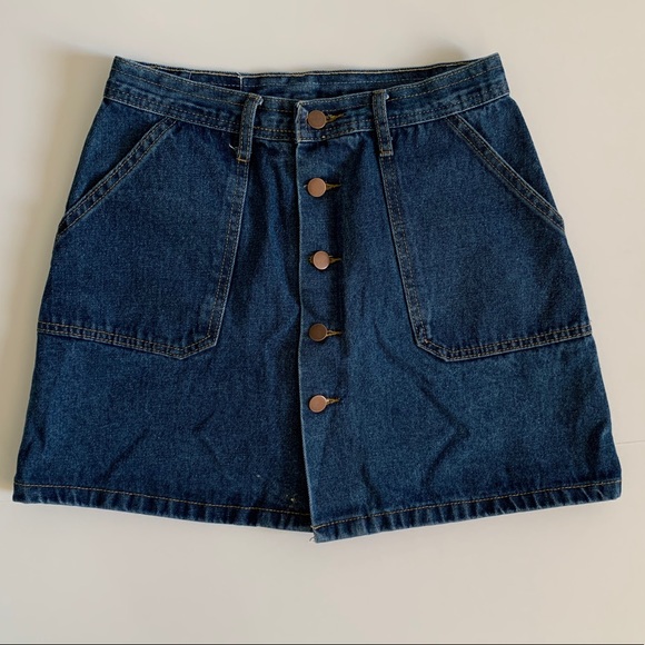 Dark Denim Rose Gold Button-Up Skirt Front Pockets - Picture 2 of 4